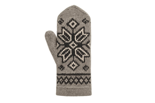 A single grey knitted wool mitten with a traditional Nordic snowflake pattern in black and white, showcasing a cozy winter accessory with a fuzzy texture and ribbed cuff