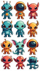 Obraz premium Set of cute space creature sticker vector, lovely alien doodle pattern in different shapes and moods, adorable funny sci-fi characters hand-drawn for T-shirts, stickers, prints, toy stores.