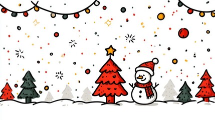 Cute line doodle Merry Christmas and Happy New year simple hand drawn icons set. Crayon kids scribble. Fir tree decorations