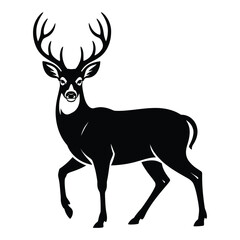 Obraz premium A striking black silhouette of a majestic male deer, often referred to as a stag, showcasing its impressive antlers while standing in a graceful pose, isolated on