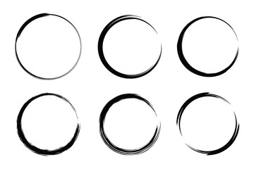Hand drawn grunge circles and round frames. Created with brush strokes set. Artistic ink effects.