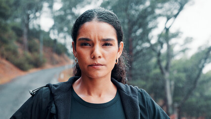 Exercise, portrait and serious with woman outdoor for cardio training, dedication or workout....