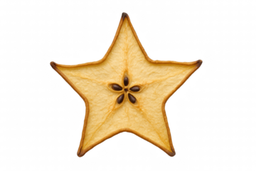 A single dried slice of carambola fruit reveals its intricate star shape, central seeds, and translucent yellow pulp in a detailed macro top-down perspective