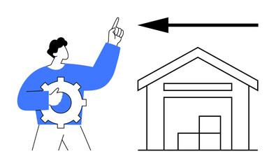 Warehouse logistics concept. Warehouse with packaged goods, worker pointing to logistics process with arrow and gear. Warehouse management, supply chain, shipping, delivery, automation
