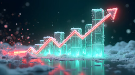 Obraz premium Futuristic winter-themed 3D stock chart glowing with icy neon colors, surrounded by snow particles, reflections, and cinematic high-tech atmosphere. AI Generated.