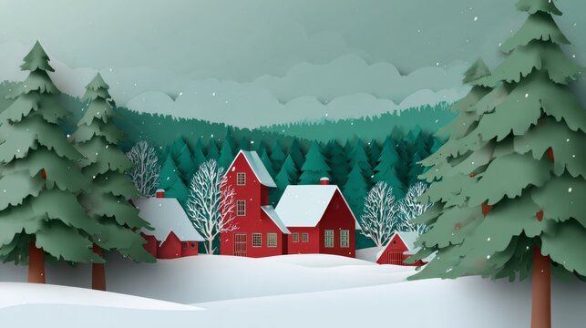 Green Merry christmas and happy new year greeting card banner paper art style with snowy winter landscape red village and forest scene for holiday celebration and festive background