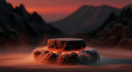 Stone podium with misty mountains in the background at sunset time