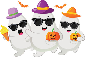 Obraz premium Three cartoon ghosts wearing hats and sunglasses enjoying halloween treats together high quality