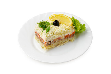 Savory layered fish dish with lemon and greens served on a plate