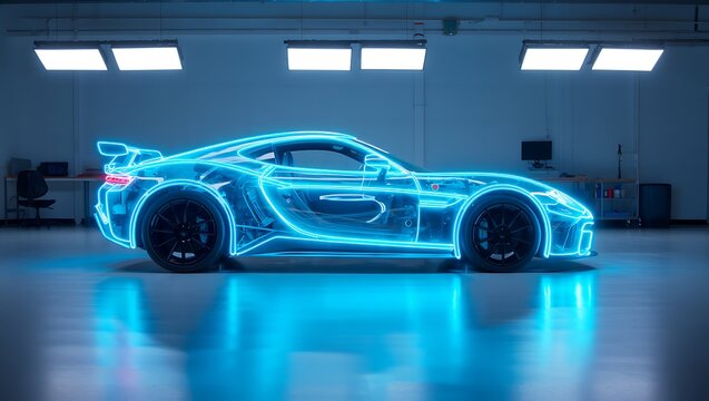 Futuristic car rendered in transparent style, showcasing advanced technology, AI, automation, and digital innovation. Concept highlights automotive engineering, 3D modeling, manufacturing, and modern 