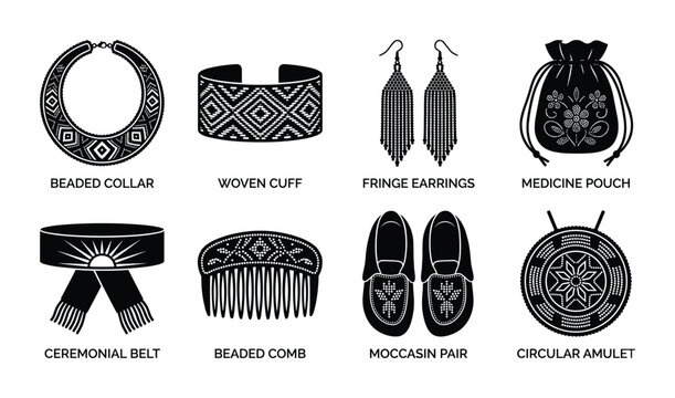 Indigenous beadwork and traditional accessories including beaded collar, woven cuff, fringe earrings, medicine pouch, ceremonial belt, beaded comb, moccasin pair, and circular amulet.