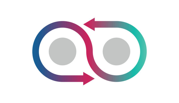 Infinity loop symbol with two arrows in a gradient from blue to green, continuous flow and connection