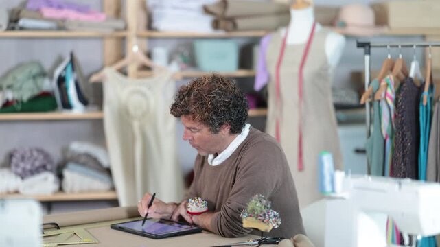 Qualified fashion designer draws a fashion design with a size grid on an electronic tablet. Tailor works in a sewing workshop