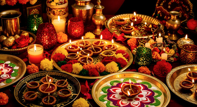 Festive Diwali Altar With Diyas, Rangoli, Flowers, And Candles On Rich Golden Decor - Powered by Adobe