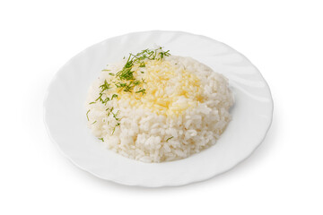 White rice served with fresh herbs on a plate in simple presentation
