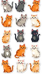 Set of cute cat sticker vector, lovely cat doodle pattern in different poses and breeds, adorable funny pet characters hand-drawn collection for T-shirt, sticker, print, pet shop.