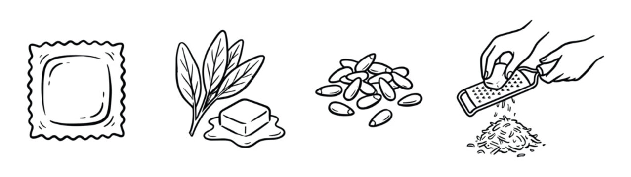 Italian food ingredients set. Ravioli, butter, sage, pine nuts, and grated cheese hand drawn sketch.