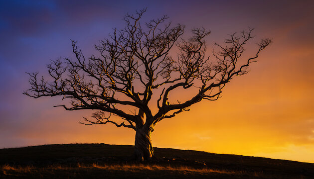 Solitary Ancient Oak Tree Silhouette Against Dramatic Sunset Sky in Scottish Highlands Landscape