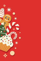 Christmas treats and tree against red background with empty text space