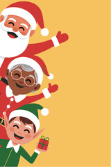 Santa Claus, black Mrs. Claus, and elf waving with gift picking from border on yellow background