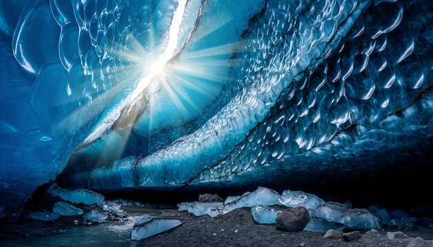 Mystical Blue Ice Cave Interior with Bright Light Ray Breakthrough in Glacier
