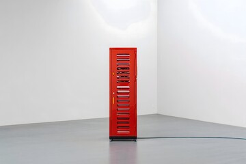 Red Locker Standing in Empty White Room - Minimalist Studio Shot