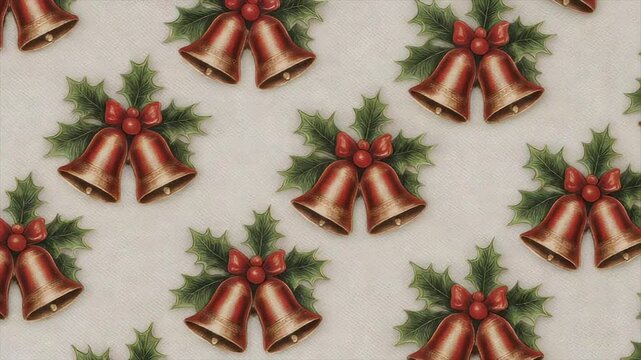 Repeating pattern of festive red bells, bows, holly leaves, and berries on textured off-white