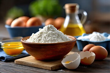 Wooden bowl of flour sits on a table with eggs oil and other ingredients around it