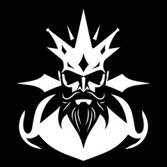 Stylized white illustration of a fierce mythical king's head with a large crown on a black background.