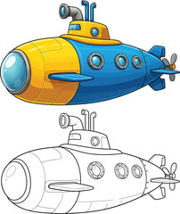 Colorful cartoon submarine illustration and its black and white line art version for coloring.