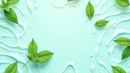 Mint leaves with stylized water splash motifs, seamless vector pattern on a crisp aqua background, perfect for beverage branding, skincare packaging, and refreshing summer textiles.