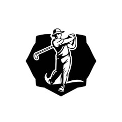 Black and white illustration of a male golfer in a hat swinging a golf club, depicted in a retro or vintage style.