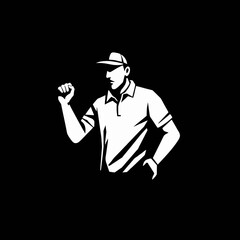 A stylized white silhouette of a man in a cap and polo shirt raising his fist.