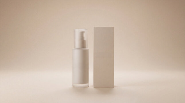 Glass cosmetic serum bottle on beige background, minimal beauty product still life