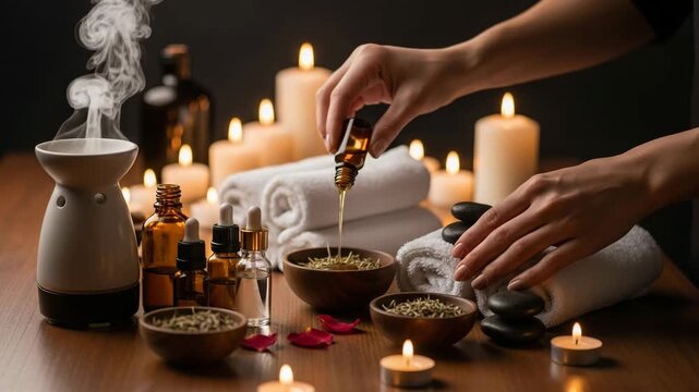 Hands pouring essential oil for aromatherapy, surrounded by spa elements and lit candles