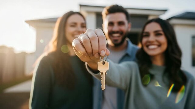 Happy couple and friend holding a new house key, celebrating homeownership outdoors