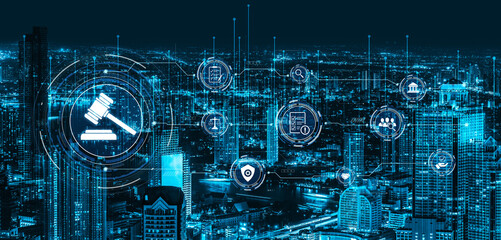 Futuristic digital law interface displaying justice scale, highlighting digital law, AI compliance,...