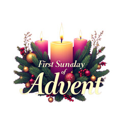Three lit candles in purple and pink surrounded by evergreen branches red berries and festive ornaments on white background