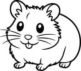Adorable cartoon hamster line art drawing, perfect for children's coloring books, featuring a cute pet animal with whiskers and a happy, smiling expression, black and white outline