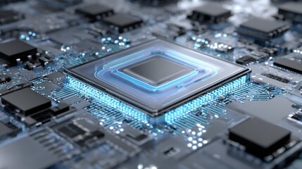 Obraz premium Close up of a microchip processor on a circuit board in a futuristic design