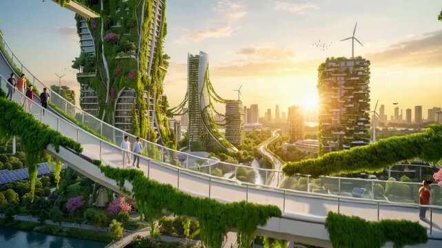 Vision of futuristic green city utopia with sustainable architecture blending modern eco technology and vibrant nature