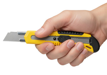 Hand firmly holding a sharp yellow utility knife, precision cutting tool ready for crafting projects or industrial tasks with durable blade, versatile tool