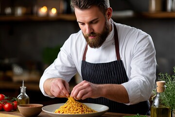 A bearded chef in a white shirt and apron meticulously arranges spaghetti on a plate in a warm kitchen setting