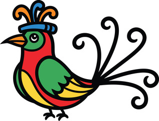 Stylized Folk Art Bird with Colorful Plumage and Swirling Tail Feathers.