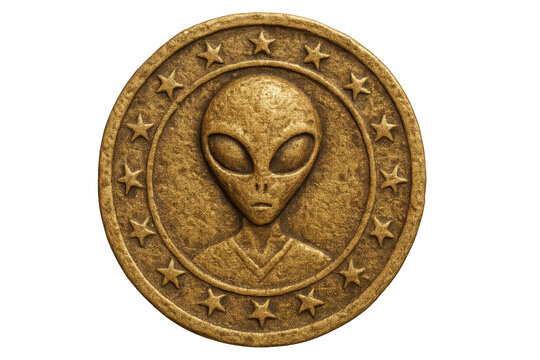 Golden alien coin with stars representing extraterrestrial currency