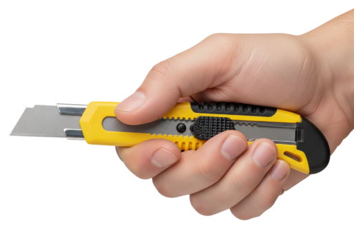 Hand firmly holding a sharp yellow utility knife, precision cutting tool ready for crafting projects or industrial tasks with durable blade, versatile tool