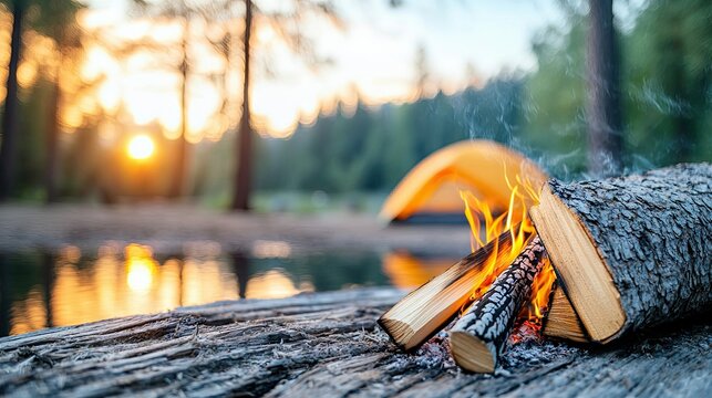 A campfire burns with logs and smoke in the foreground, with a tent and lake reflecting the sunset in the background, set in a serene forest.
