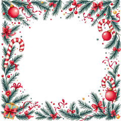 Square Christmas border with evergreen branches red bows candy canes ornaments holly berries and gift on white background