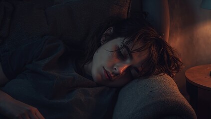 Serene Slumber, Shadows Dance. Portrait of Rest in Dim, Warm Light, Textured Comfort.