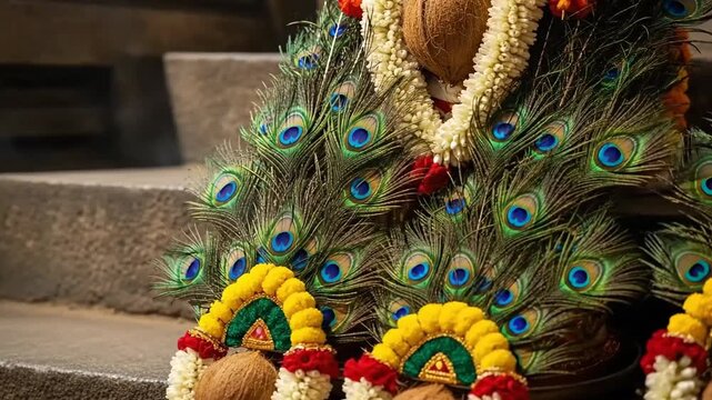 Kavadi Aatam Ritual with Peacock Feathers, Murugan Devotee Garland, and Traditional Decorations for Thaipusam Festival